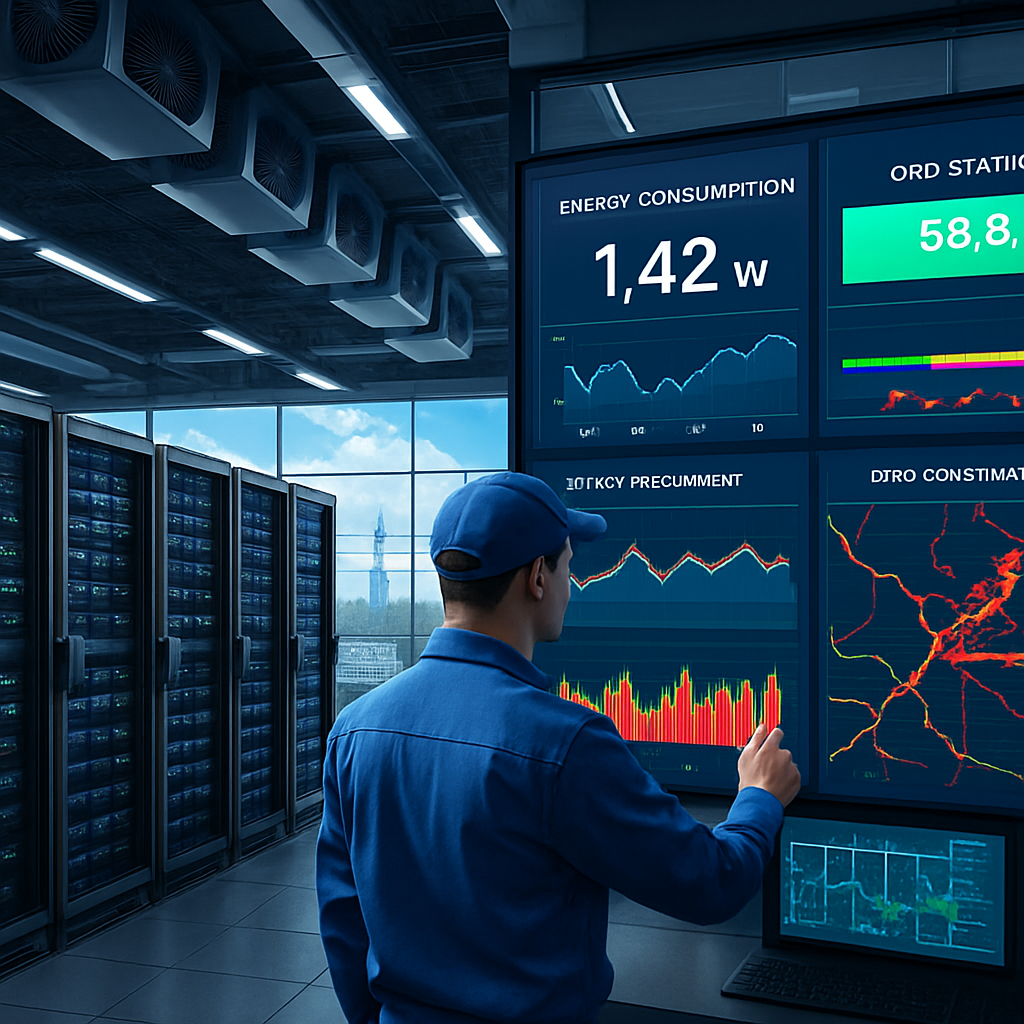 The image depicts a bustling data center filled with rows of highperformance servers blinking with activity A vast array of cooling units line the cei-1 The image depicts a bustling data center filled with rows of highperformance servers blinking with activity A vast array of cooling units line the cei-1