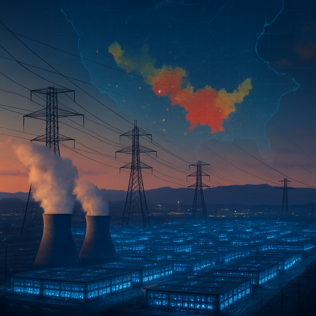 The image depicts a sprawling landscape of interconnected data centers each glowing with vibrant blue lights representing the rising demand for AI pow-1 The image depicts a sprawling landscape of interconnected data centers each glowing with vibrant blue lights representing the rising demand for AI pow-1